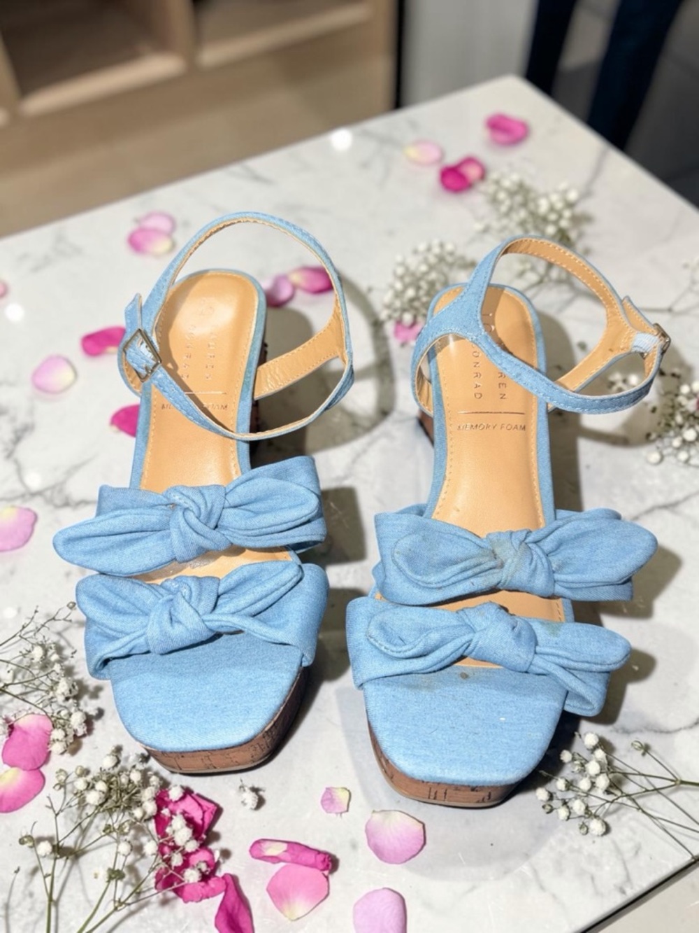 LAUREN CONRAD Blue Bow Cork Heels Size 8 - Picture 6 of 7